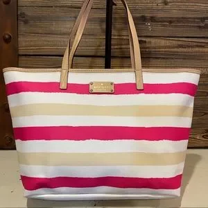 Kate Spade New York Striped Leather Trim Shoulder Bag - Pink  Kate Spade Pink and Tan Striped Women\'s Bag display picture 1